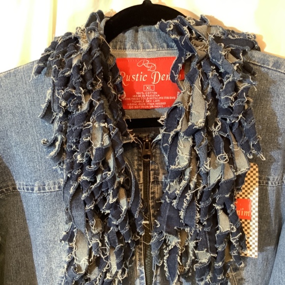 NWT Upcycled denim jean jacket with jean fringe Rustic denim western funky - Picture 7 of 12